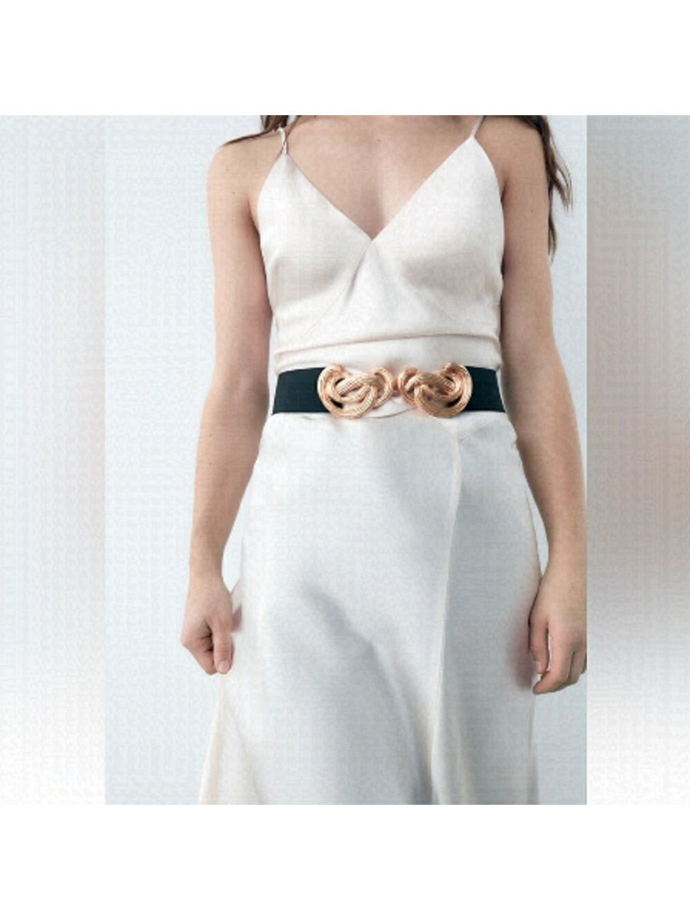 ZARA BUCKLED STRETCH BELT BLACK WITH GOLD TONE BUCKLE SZ 32